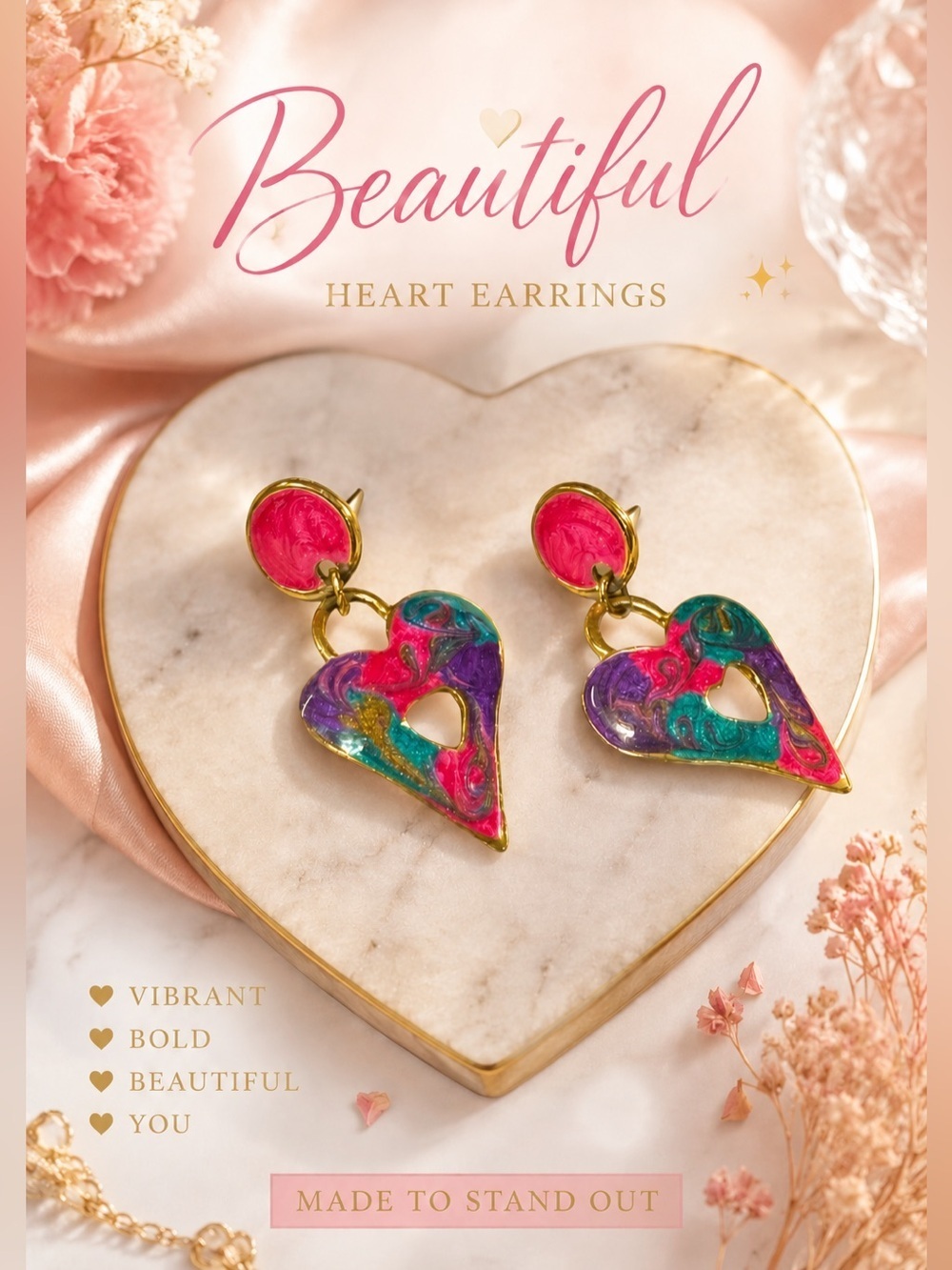 VTG Abstract Enamel Heart Drop Gold Tone Pink Purple Teal Statement Earrings
